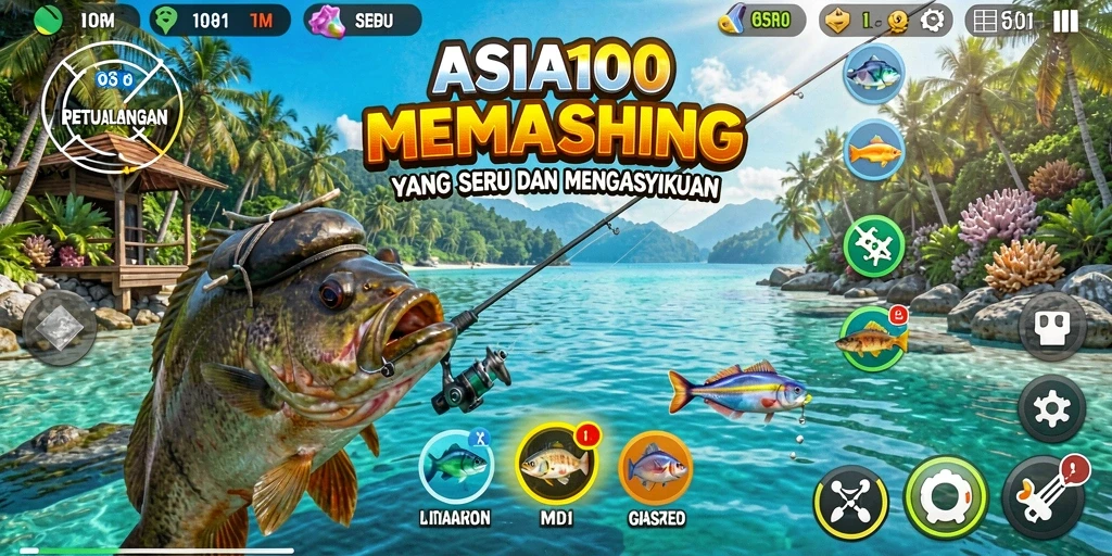 Screenshot utama ASIA100 menampilkan gameplay seru saat memancing.
