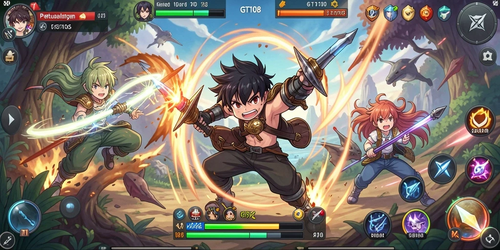 Screenshot gameplay GT108 menampilkan aksi karakter Anime yang dinamis.