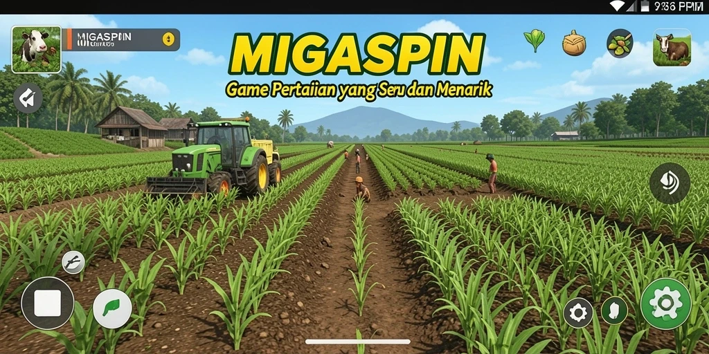 Tampilan gameplay MIGASPIN yang menarik dengan ladang yang subur.