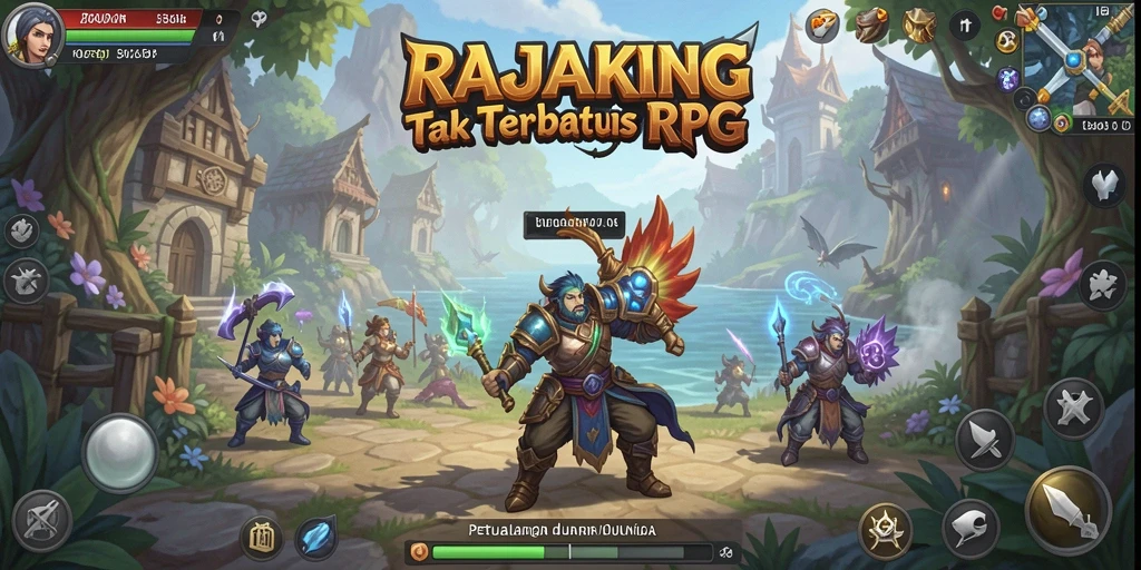 Tangkapan layar utama RAJAKING memperlihatkan aksi RPG yang mendebarkan.