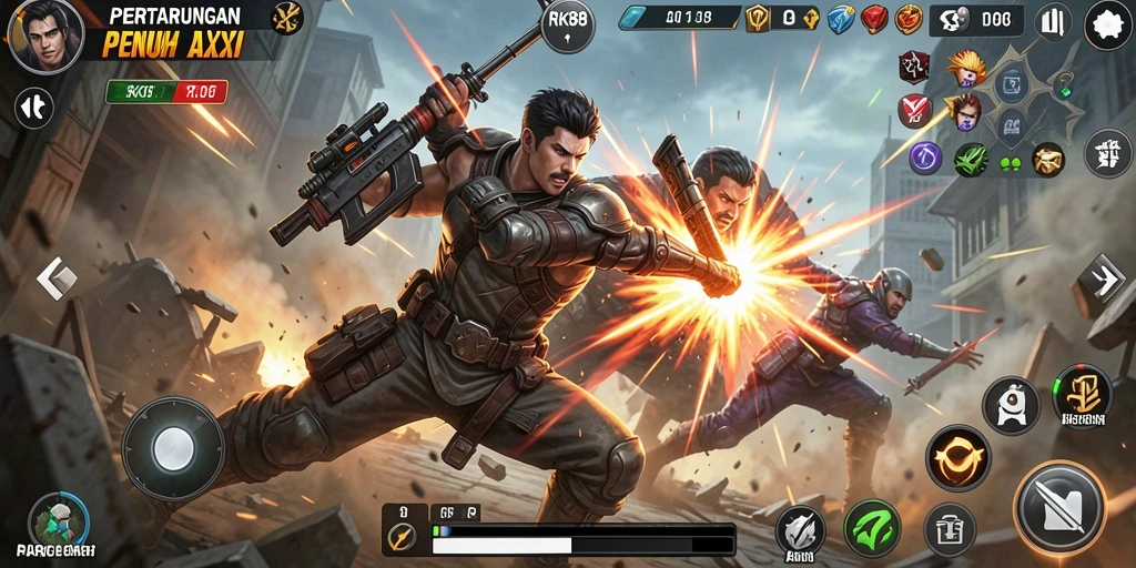 Screenshot utama RK88 menunjukkan aksi pertarungan yang mendebarkan.