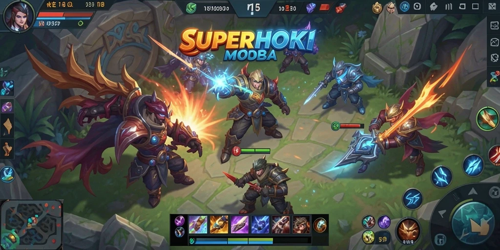 Gameplay MOBA yang seru dan penuh strategi di SUPERHOKI.