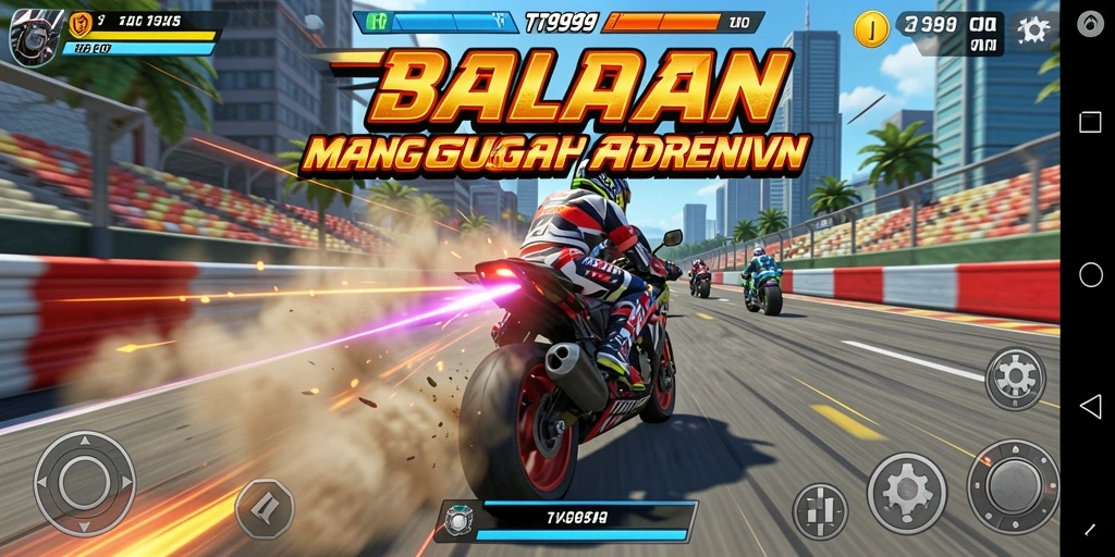 Screenshot utama gameplay T9999 menampilkan balapan motor yang penuh aksi.