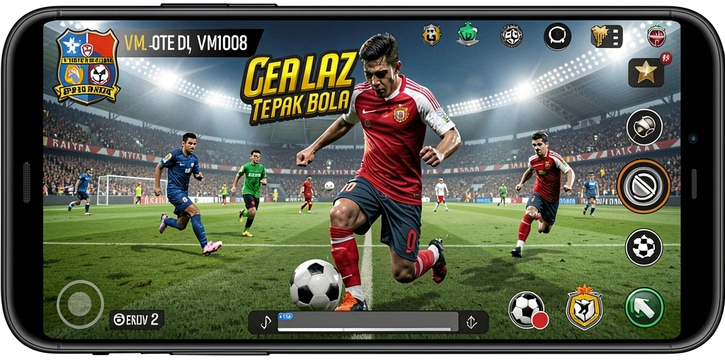Tangkapan layar utama VM108 menampilkan pertandingan sepak bola seru.